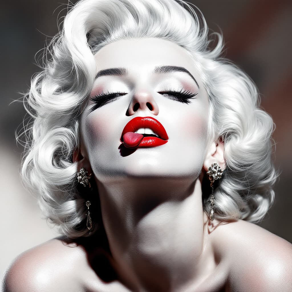 AI generated: white background, beautiful portrait of Marilyn Monroe in white and silver colors, with red lipstick...