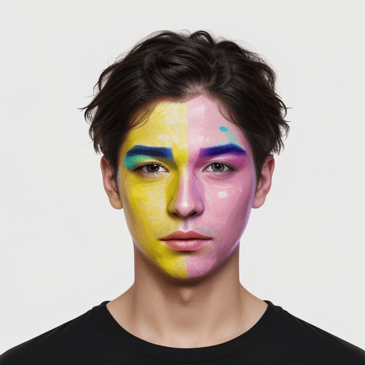AI generated: create a male art prompt RGB, Ar, with several colors underlined on the face like squares, with wate...