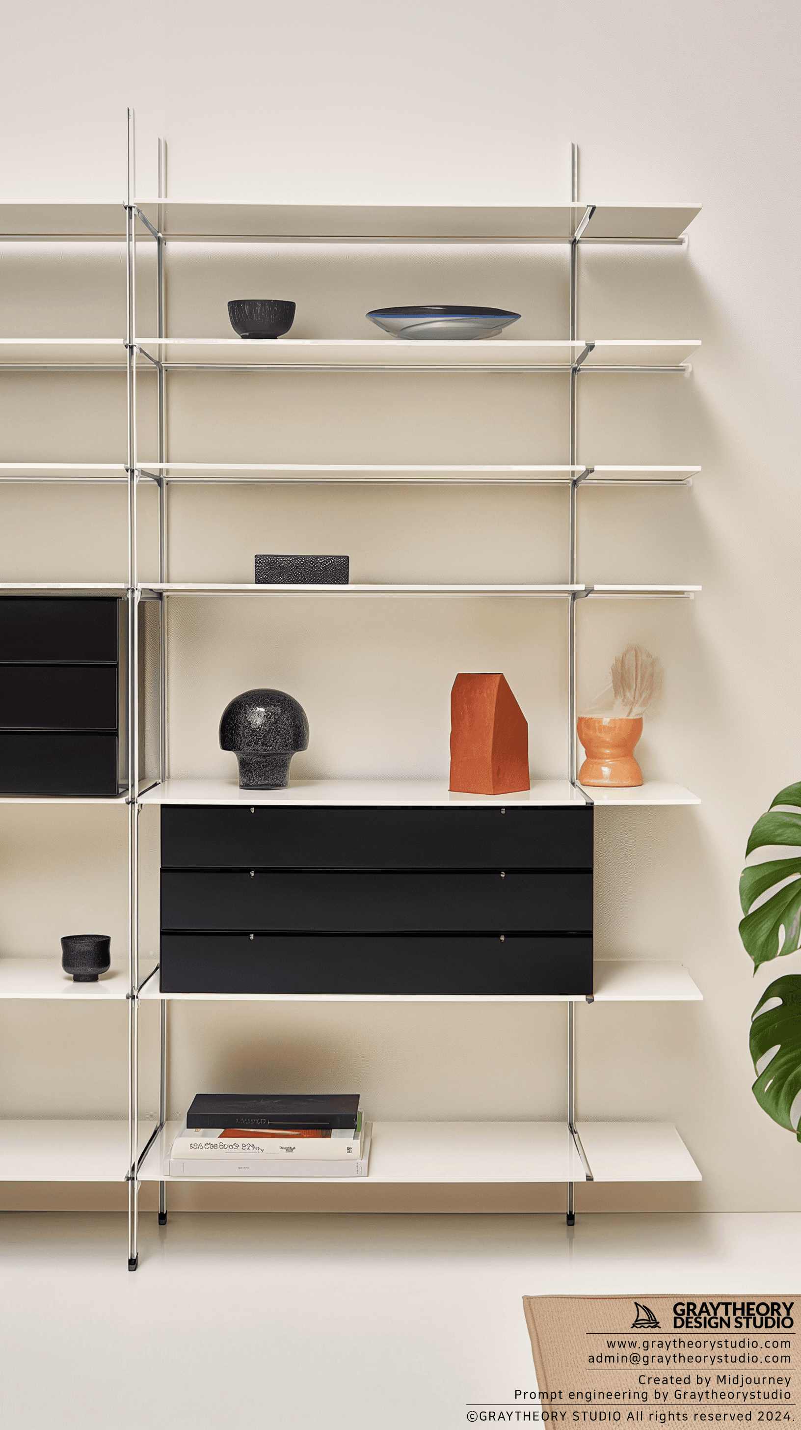 AI generated: Dieter Rams' Vitsoe 606 Universal Shelving System, Sony Alpha 1, Zeiss Batis 40mm f/2 CF lens, syste...