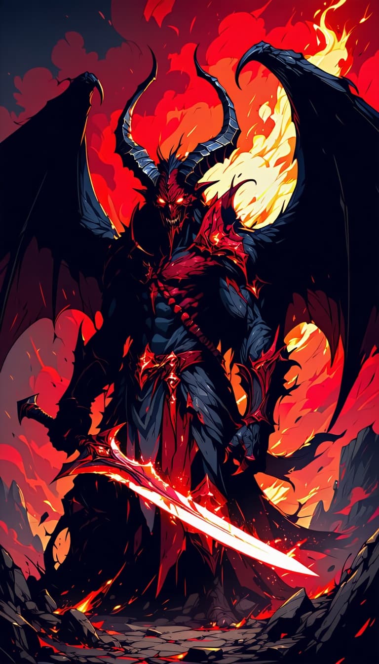AI generated: erotic demon,very angry ,glowing eyes,with a sword,in hell,wings