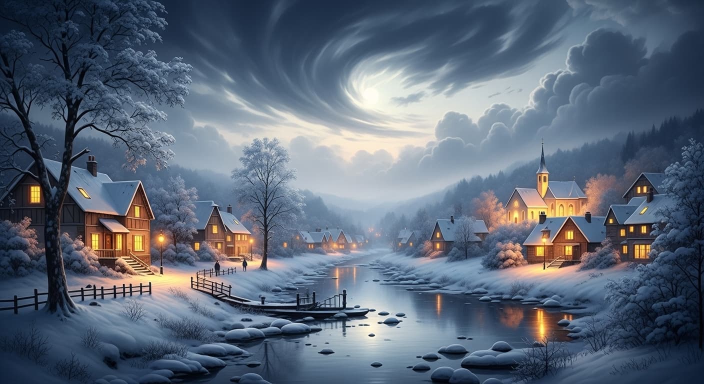 AI generated: Winter Village Scene: Hyperrealistic and ultra-detailed winter landscape, a serene village under the...