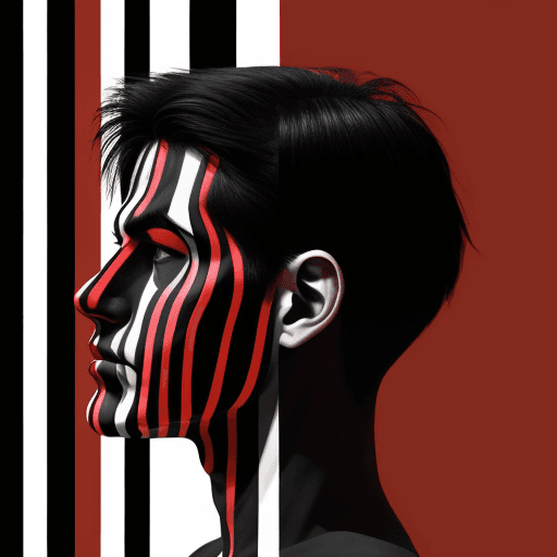 AI generated: modern art, man model face side with minimalist overlay of stripes graphic design, flat, focus on th...