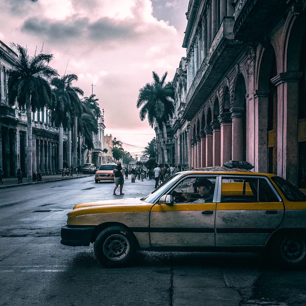 AI generated: Create a presentation image for a taxi service in Havana. The taxi is a Peugeot 405.