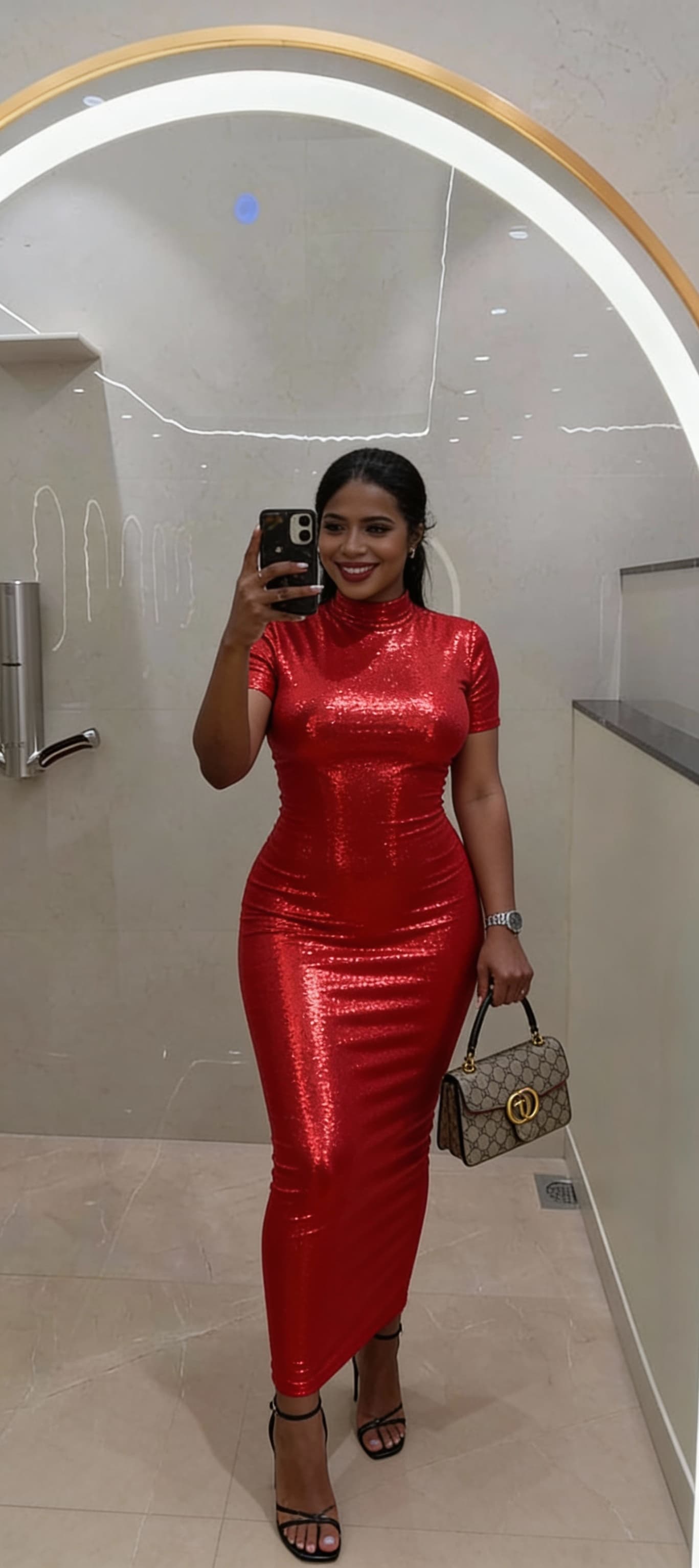 AI generated: She wearing cute party wear body fit one piece bright shimmer shinning red dress full length with hi...