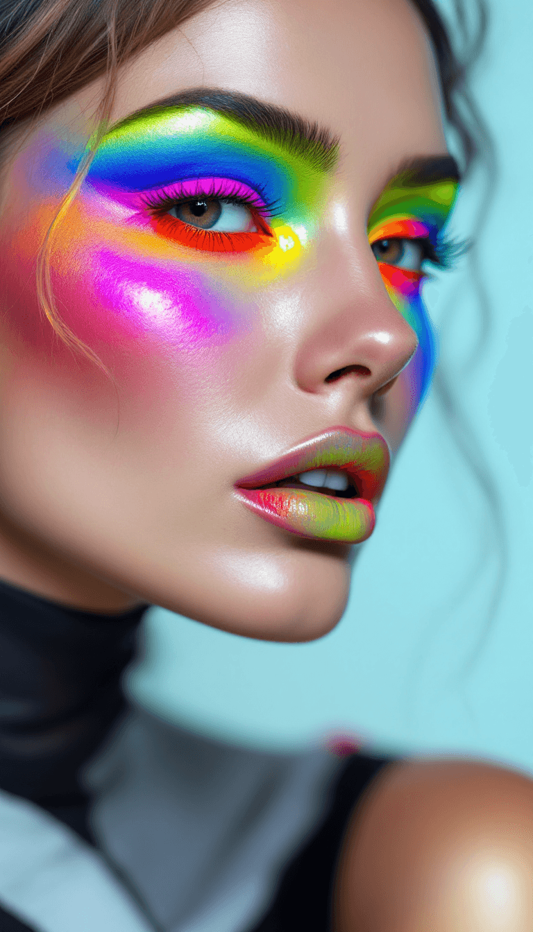 AI generated: A vibrant and attention-grabbing look using bright neon colors on the eyes, lips, or cheeks to creat...