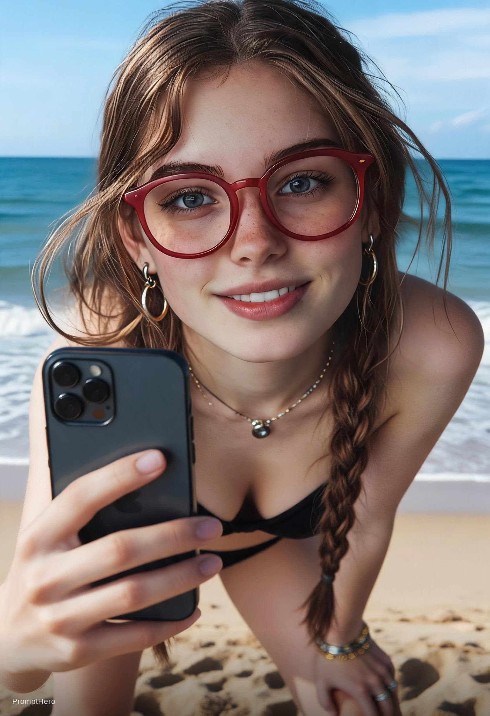 AI generated: shes taking selfie on the beach with black clothes or swimsuit
