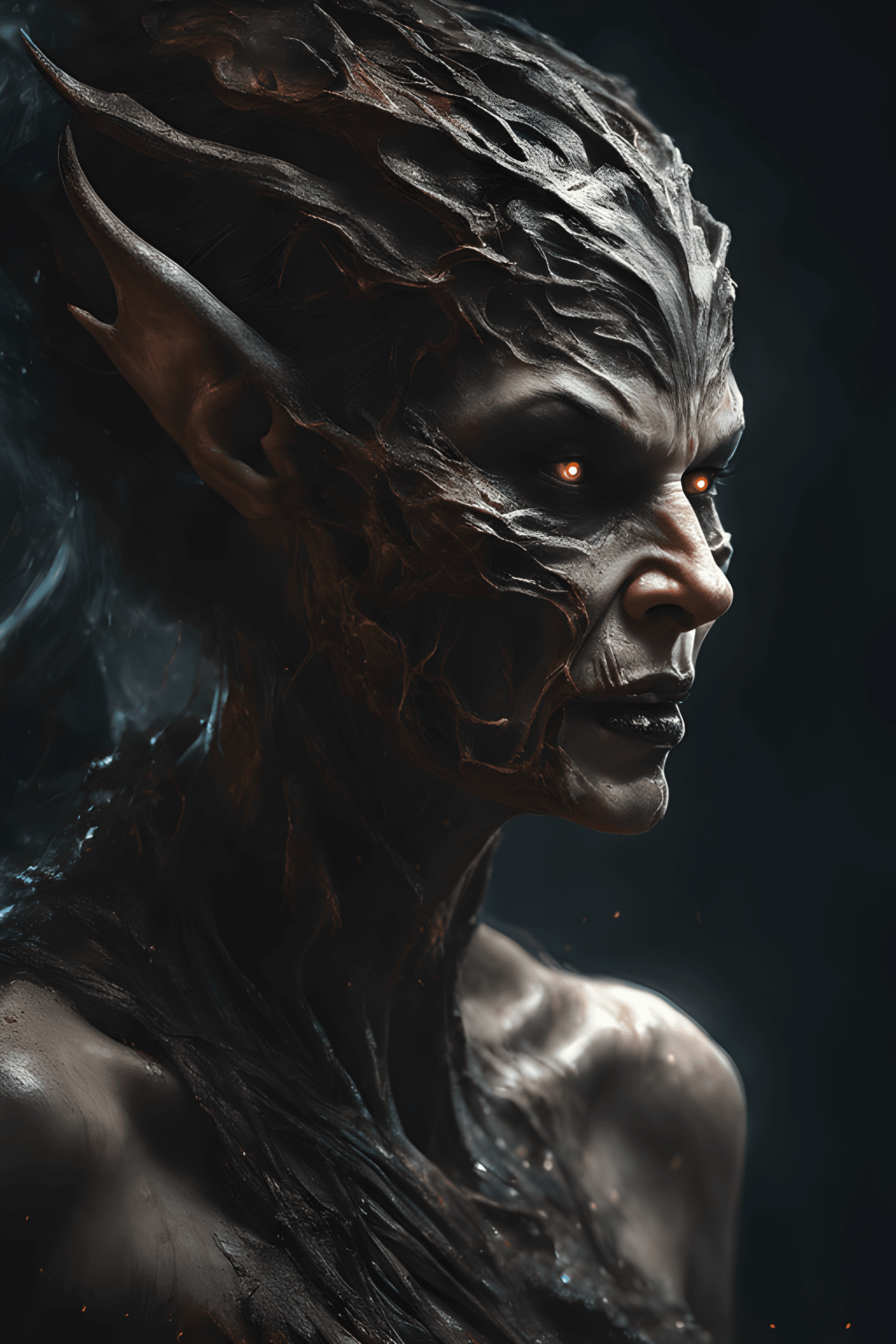 AI generated: A high-definition detailed realistic photograph of a beautiful Beldam demonic mother, side angle vie...