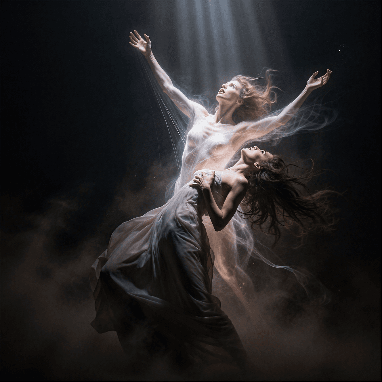 AI generated: An epic, dramatic surreal scene: a woman stands arched backward in the center of the frame, her body...