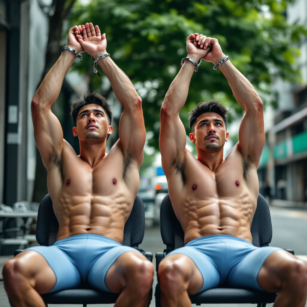 AI generated: Two male Hong Kong criminals handsome strong wearing compressive cycling shorts in light blue color ...