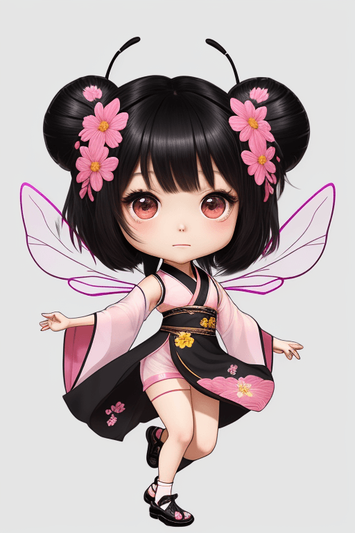 AI generated: ((chibi)),  1 cute girl,solo dancing,black hair, pink HanFu with flowers embroidered patterns,black ...