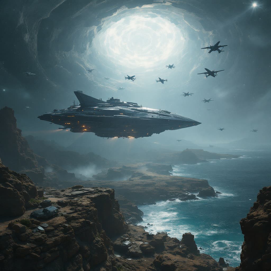 AI generated: A futuristic military drone mothership launching drones towards the coast, 3 d render, heavenly atmo...