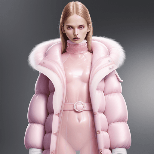 AI generated: Fashion shoot, Jacquemus and moncler collaboration: light pink translucent fur lungs, hyper-realisti...