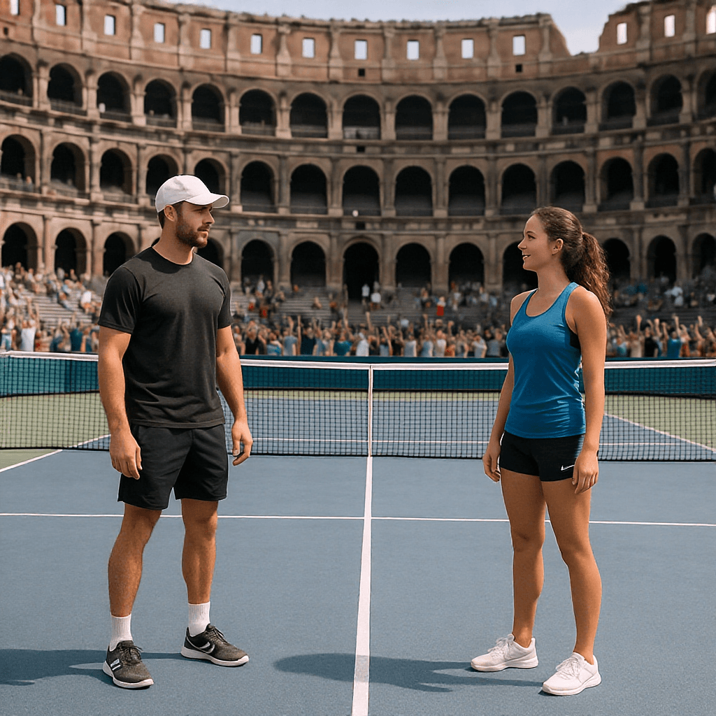 AI generated: Two pickleball players, a male and female in their mid-30's, in a colosseum-type venue. The players ...
