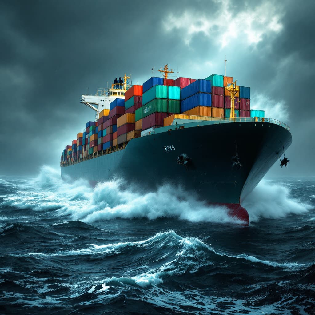 AI generated: Un enorme barco carguero navegando por aguas turbulentas durante una tormenta intensa, con olas giga...