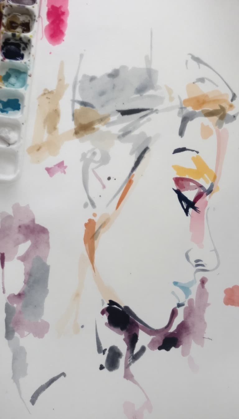AI generated: Watercolor portrait of a woman, free brushwork --chaos 75 --ar 1:2 --style raw --profile rsy6uq9 --s...
