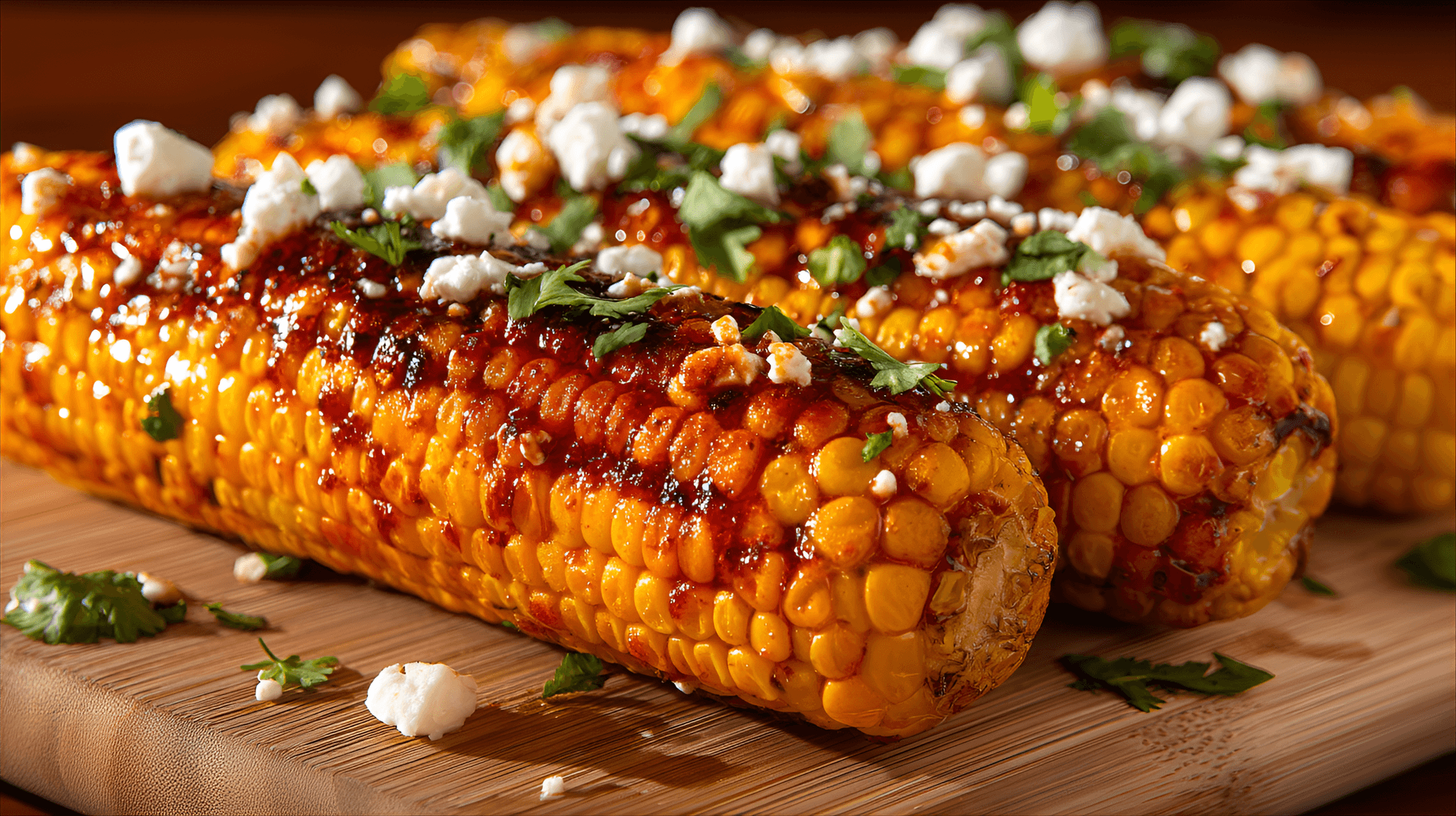 AI generated: several grilled corn on the cob,  sprinkled with crumbled feta cheese and fresh cilantro,  with visi...