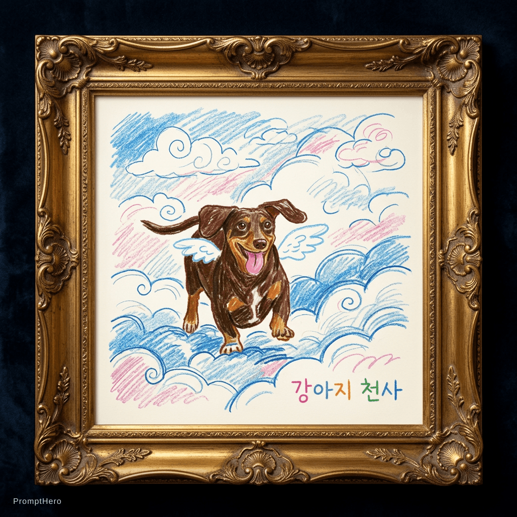 AI generated: 이 강아지가 천사 날개를 달고 구름 위를 달리는 모습을 어린이가 크레파스, 색연필을 이용해서 그린 것 같이 낙서풍으로 그려줘. 
