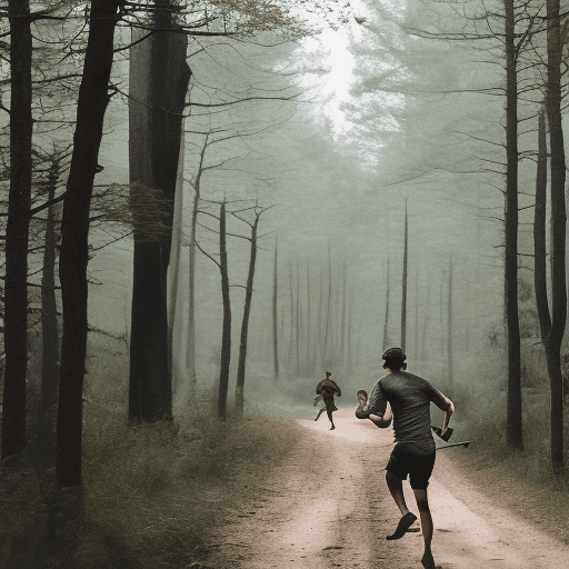 AI generated: A forest scene in Eastern Europe, a father and son duo are sprinting down a dirt road (running towar...