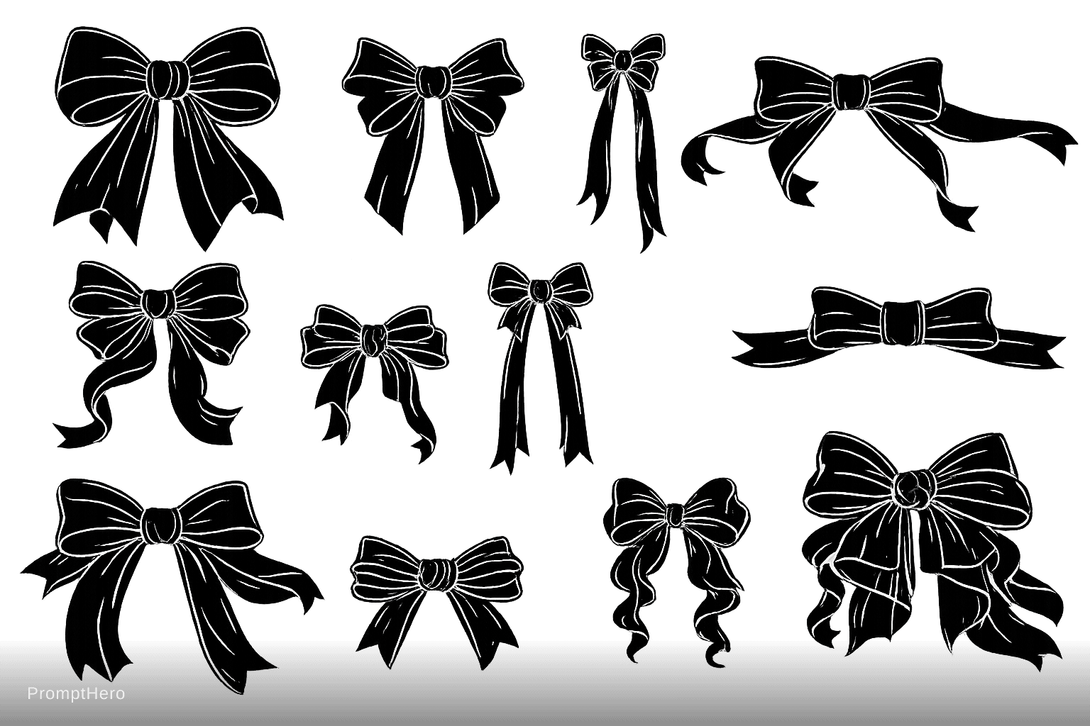 AI generated: "Vector SVG clipart, exactly 10 bold coquette bows, solid black with white internal structure lines,...