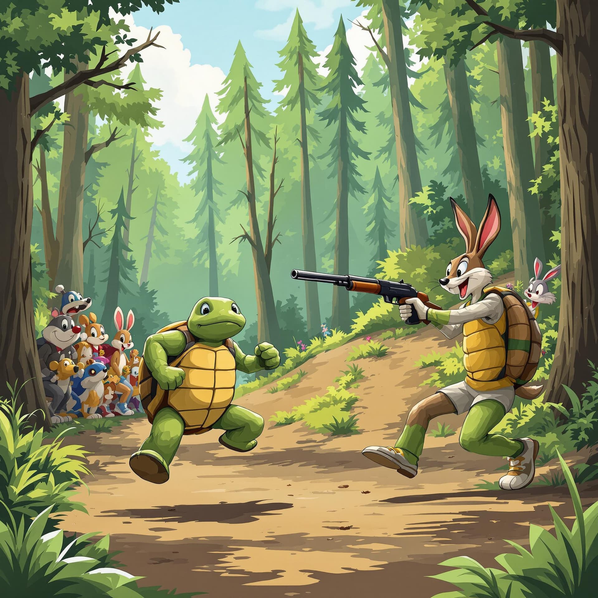 AI generated: an image of a turtle running a race, the turtle is near the finish line, a hare is far way, and is h...