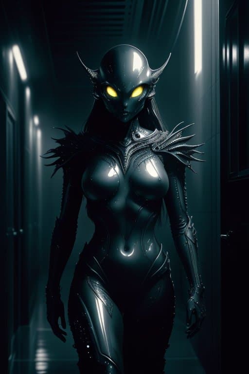 AI generated: masterpiece, a creepy scary alien creature with alien skin and clothing, with a damp and steamy high...