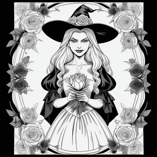 AI generated: an evil witch coloring page, in a garden of beautiful flowers, holds a rose in her hands well detail...
