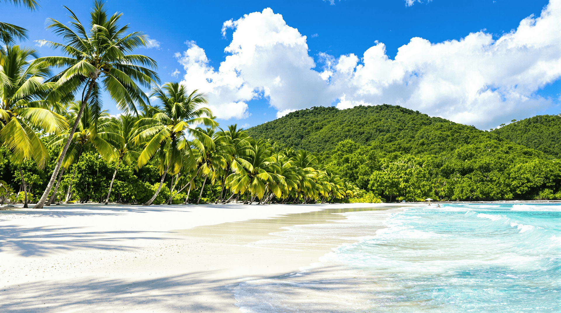 AI generated: A beautiful tropical beach scene with a clear blue sky and fluffy white clouds. The beach has soft w...