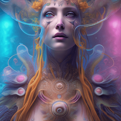 AI generated: Goddess close-up portrait ribcagel. jellyfish phoenix head, nautilus, orchid, skull, betta fish, bio...