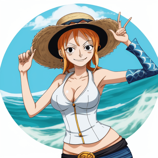 AI generated: a sticker of Nami from one piece, straw hat, smirk smile, anime style, minimalist design --ar 2:3 --...