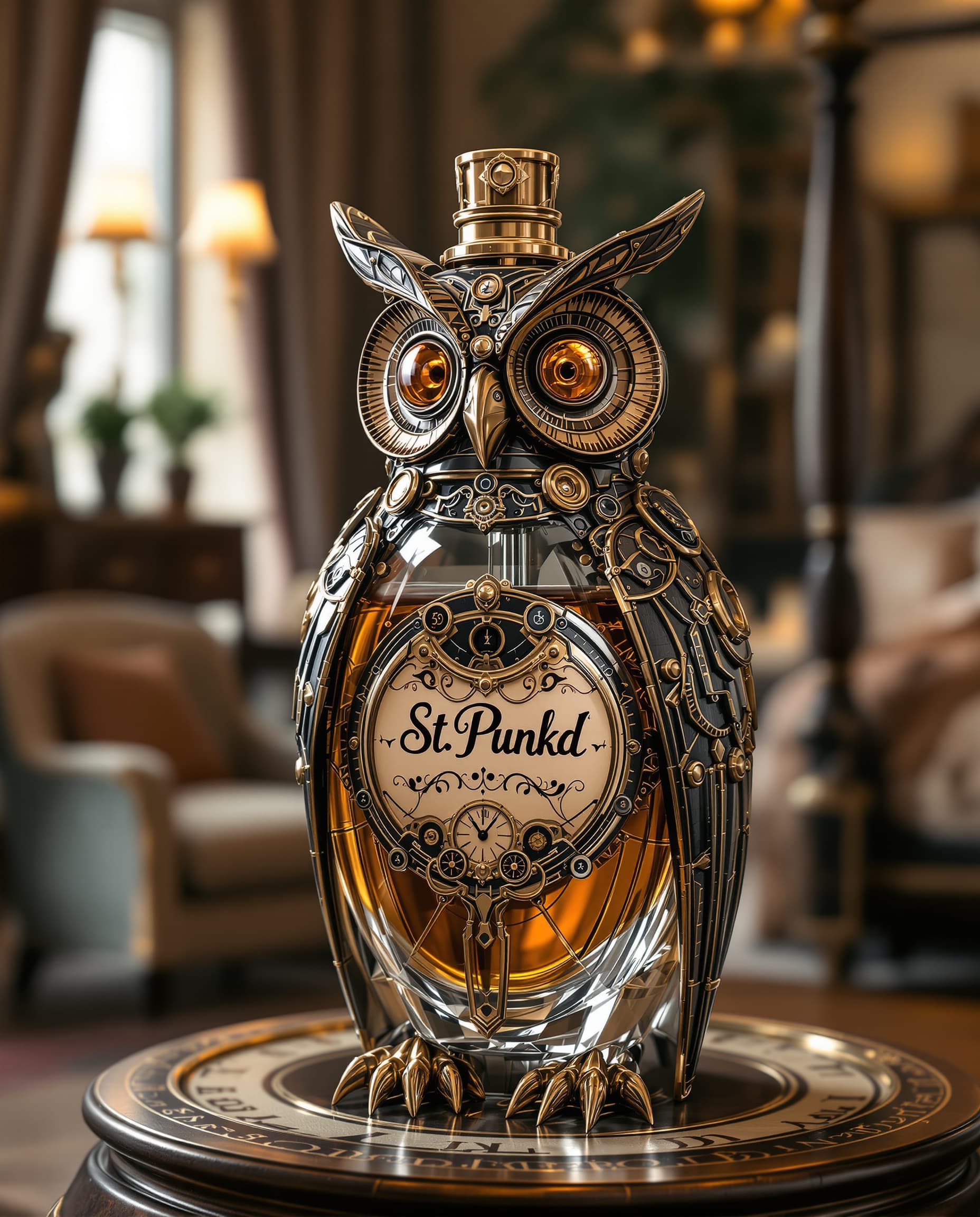 AI generated: A detailed Master crafted vintage steampunk perfume bottle and sprayer in the form of a clockwork st...