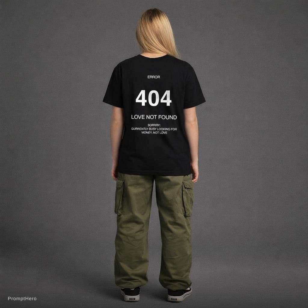 AI generated: Photograph, rear shot, woman model, blonde color hair, wearing the image shirt, olive green cargo pa...
