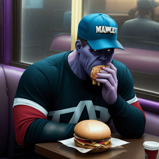 AI generated: a lonely and depressed thanos wearing a baseball cap eating a hamburger and fries beside the window ...