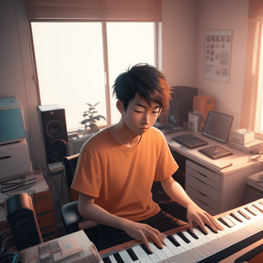 AI generated: handsome lofi  asian boy in front of his computer making music in his cozy and messy room, unreal en...