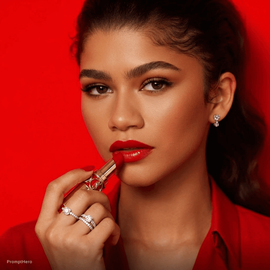 AI generated: Zendaya Grabs Her Red Lipstick And Swipe Into The Red Lips At Red Background