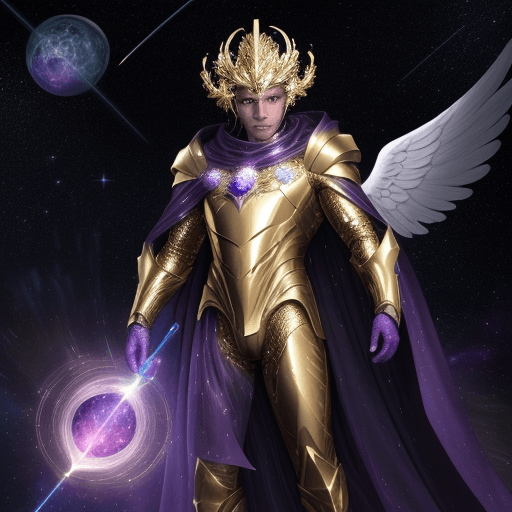 AI generated: man in golden armor made of stars and colorful space lights, (badass: 1. 3), powerful god of light a...