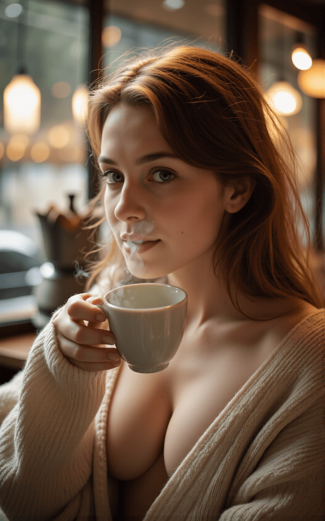 AI generated: A cinematic macro close-up captures a young female in a softly lit caf�, steam curling from a porcel...