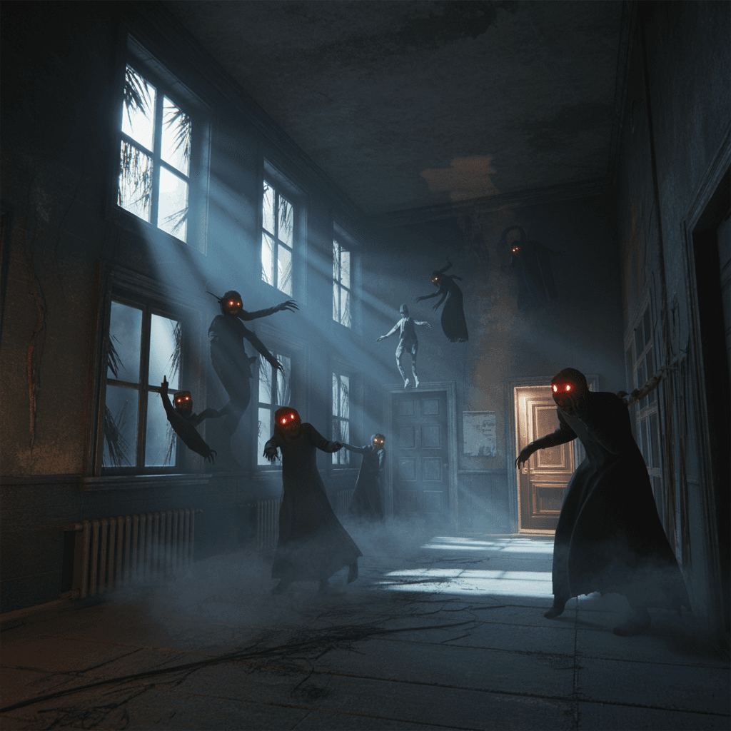 AI generated: A dark, abandoned 3D haunted mansion at night, with broken windows and flickering lights. Inside the...