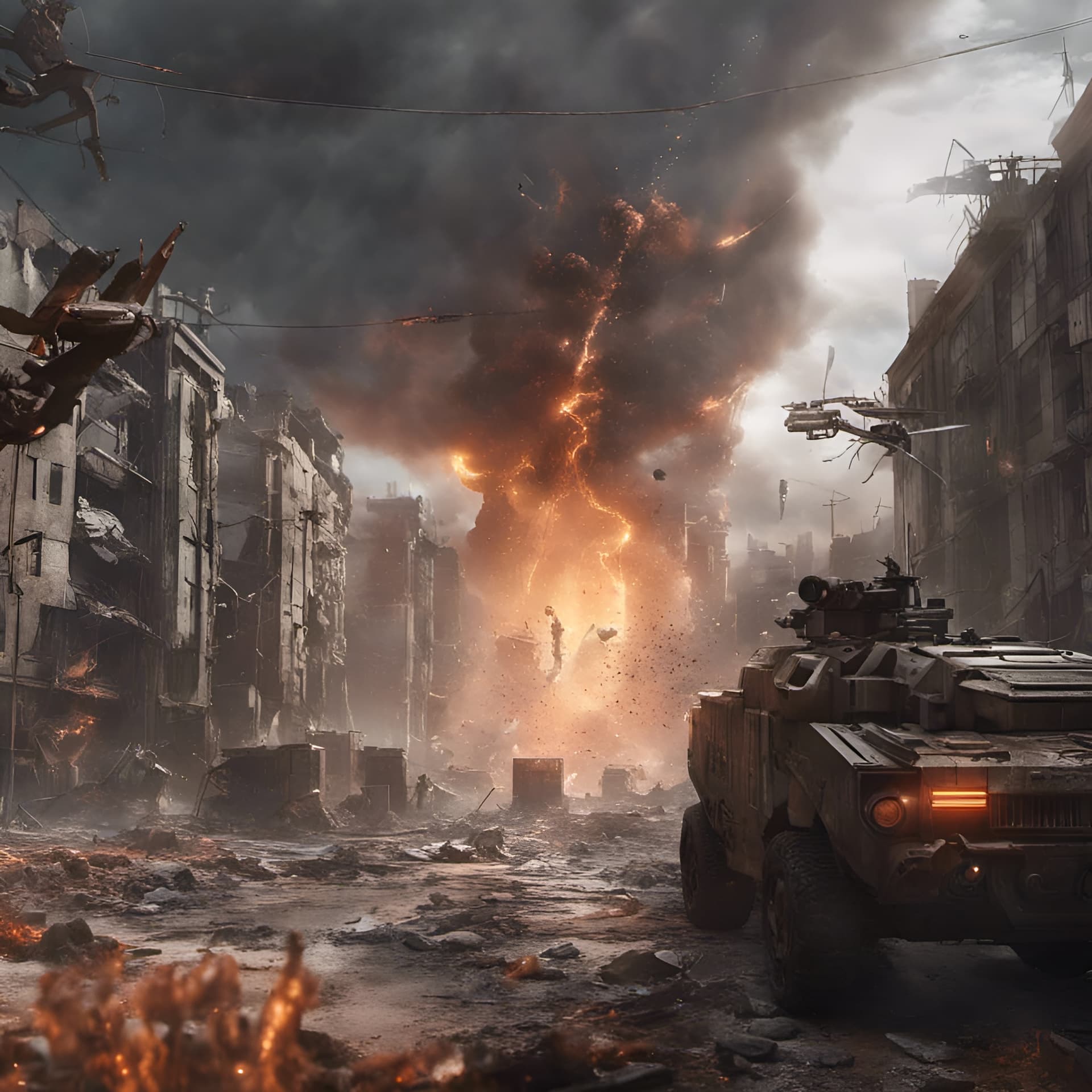 AI generated: Cyberpunk battlefield, ww3, war, end of the world, bronze, copper, zink, metals, war, soldier, destr...