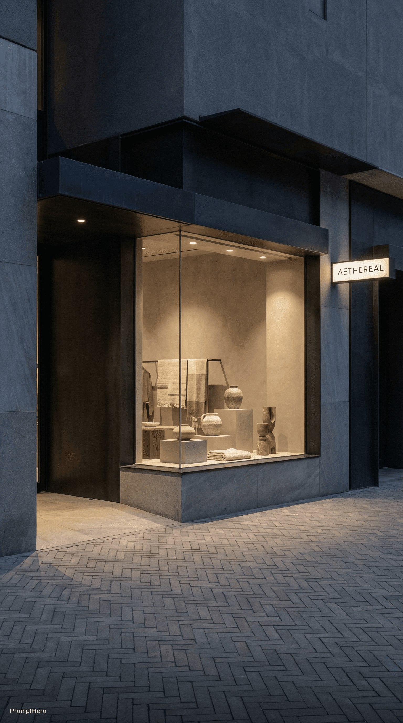 AI generated: minimalist store exterior, at dusk, the architecture should feature clean lines with a sophisticated...