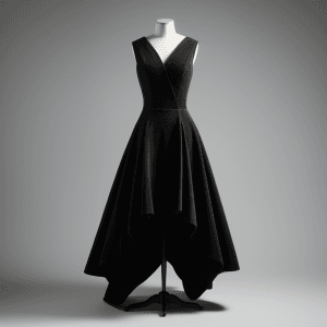 AI generated: Fisheye of a minimalist, modern, and sleek designer's sleek black velvet dress with asymmetrical hem...