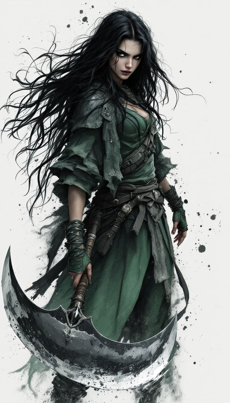 AI generated: 1 woman, battle axe, long wavy hair, ebony black hair, white background, solo, looking at viewer, fi...