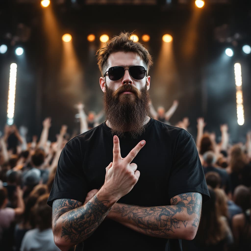 AI generated: A young Caucasian man with short brown hair, a long beard, wearing sunglasses and a black t-shirt, s...
