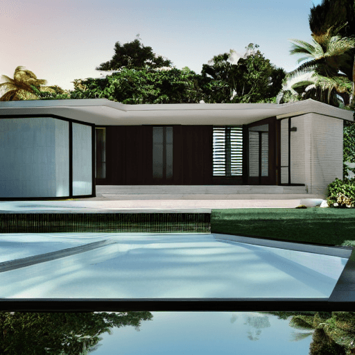 AI generated: hyper realistic eye level exterior photo of a mid century modern style house overlooking the ocean, ...