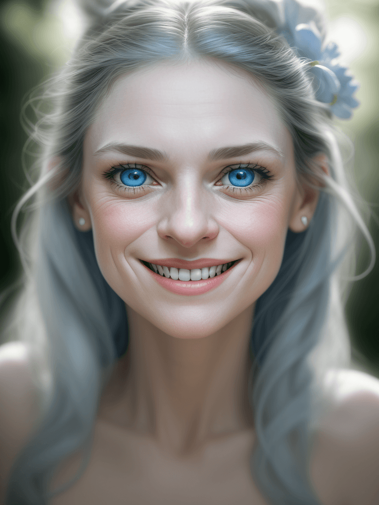 AI generated: focus on the nose, sharp nose, A captivating portrait of a woman grinning, her entire face, includin...