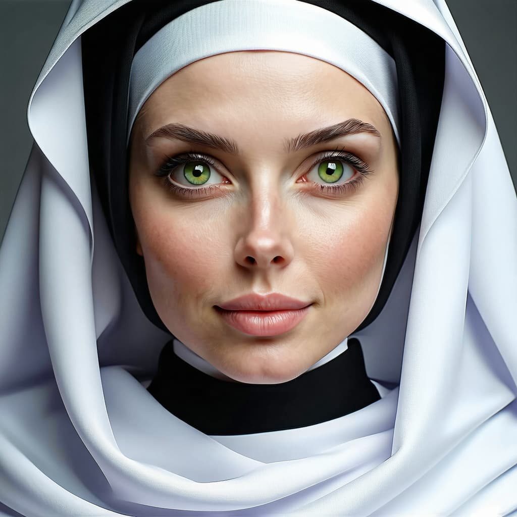 AI generated: close-up of a stunning nun, ultra-realistic portrait, dark green eyes, brownhead, high quality, no f...