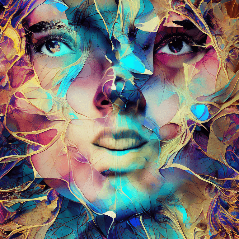 AI generated: Ultra detailed artistic abstract photography of woman's face (geometrical), golden, white roses, det...