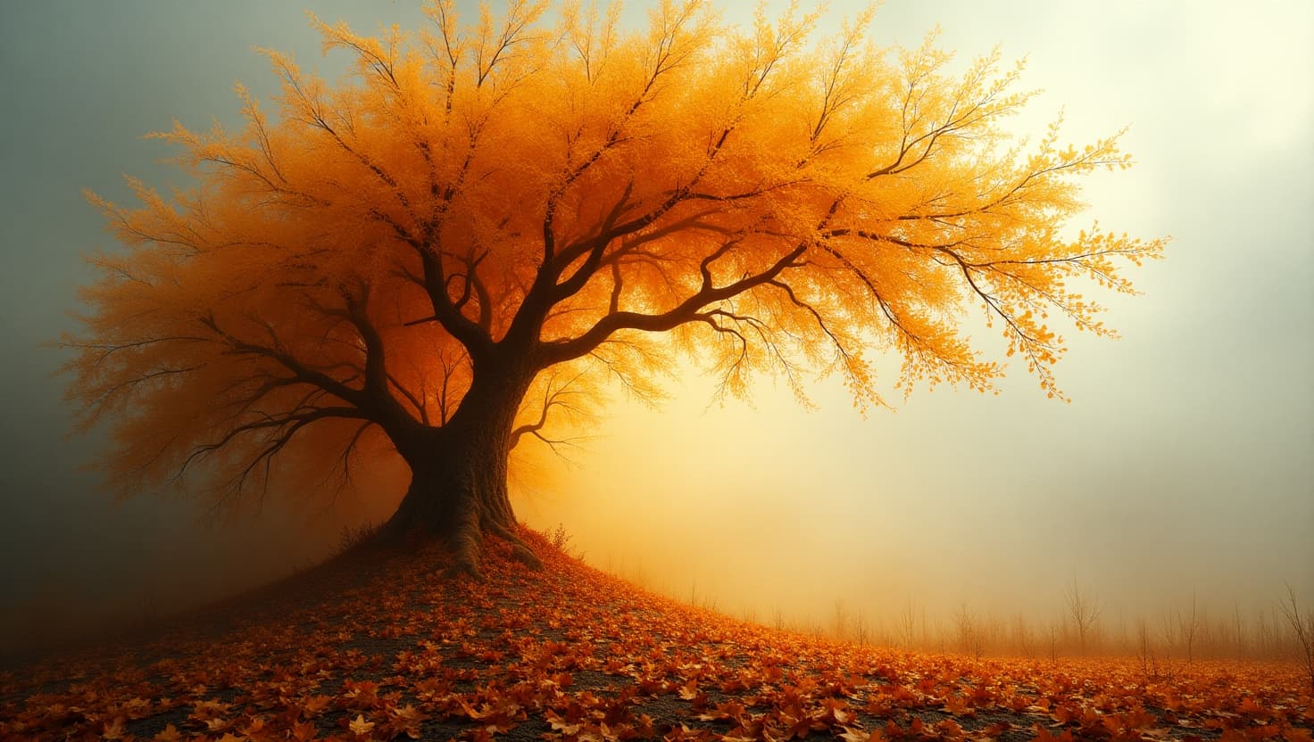 AI generated: A majestic, towering whirlwind of vibrant golden autumn leaves, rustling and swirling upwards from t...