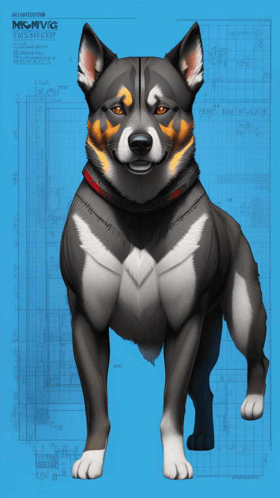 AI generated: Alpha Dog Norwegian Buhund, by Ultimate Marvel Art, digital blueprints sketch with multicolored note...