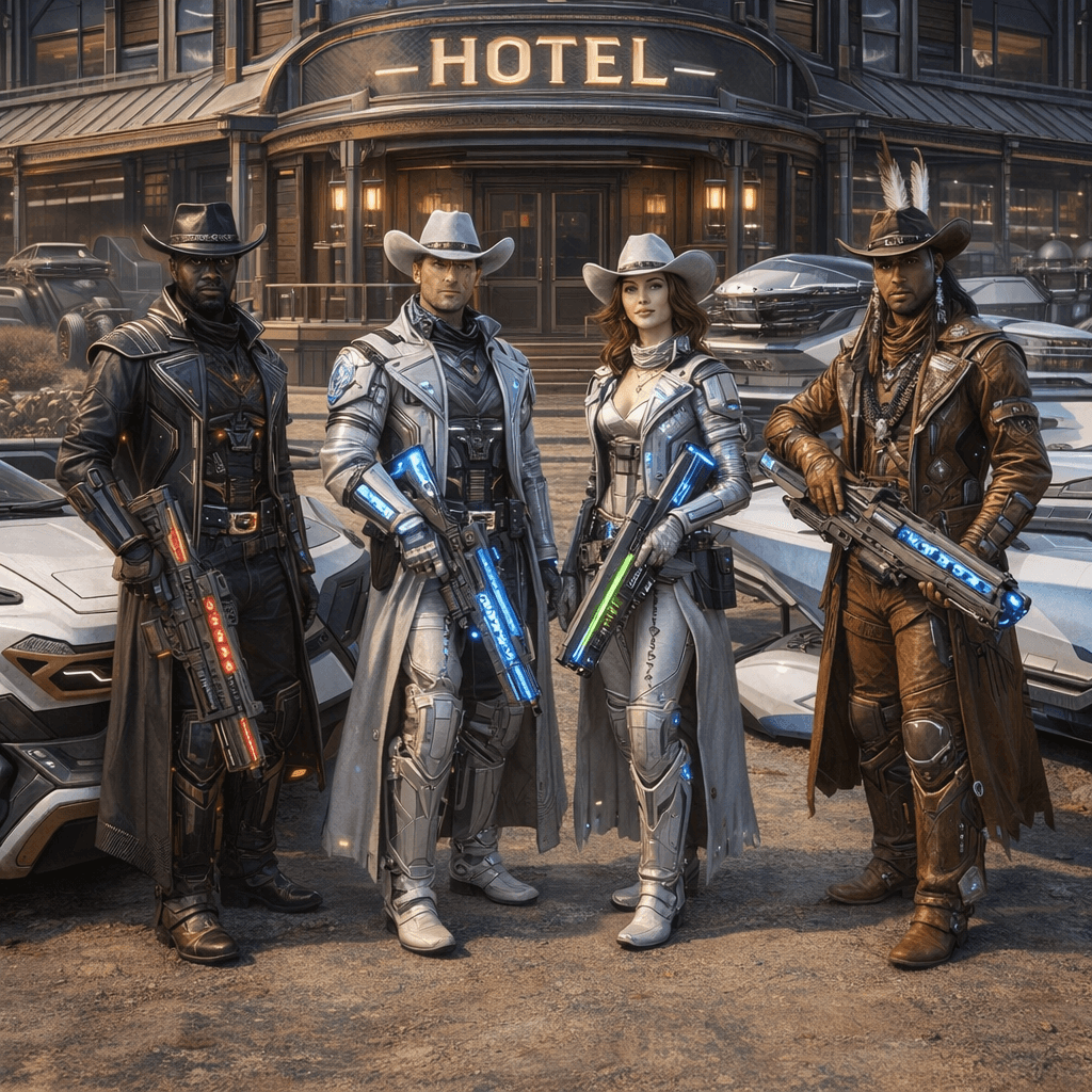 AI generated: Create an image of four futuristic, but different-looking, Human Cowboys and Cowgirls, Black Cowboys...