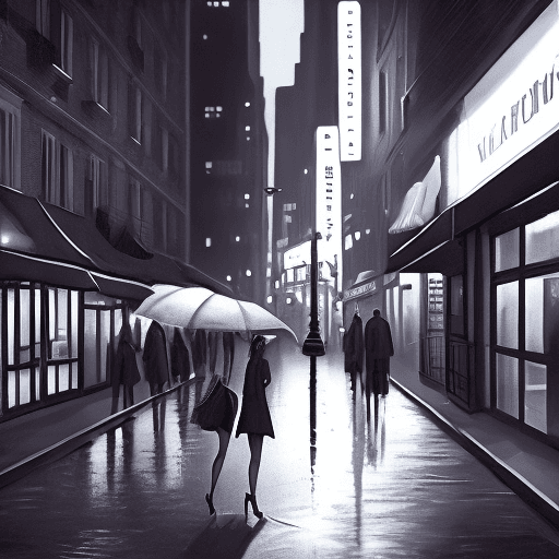 AI generated: Late nights in soho in the 80's woman walking down the street, In the style of film noir, Vray Traci...